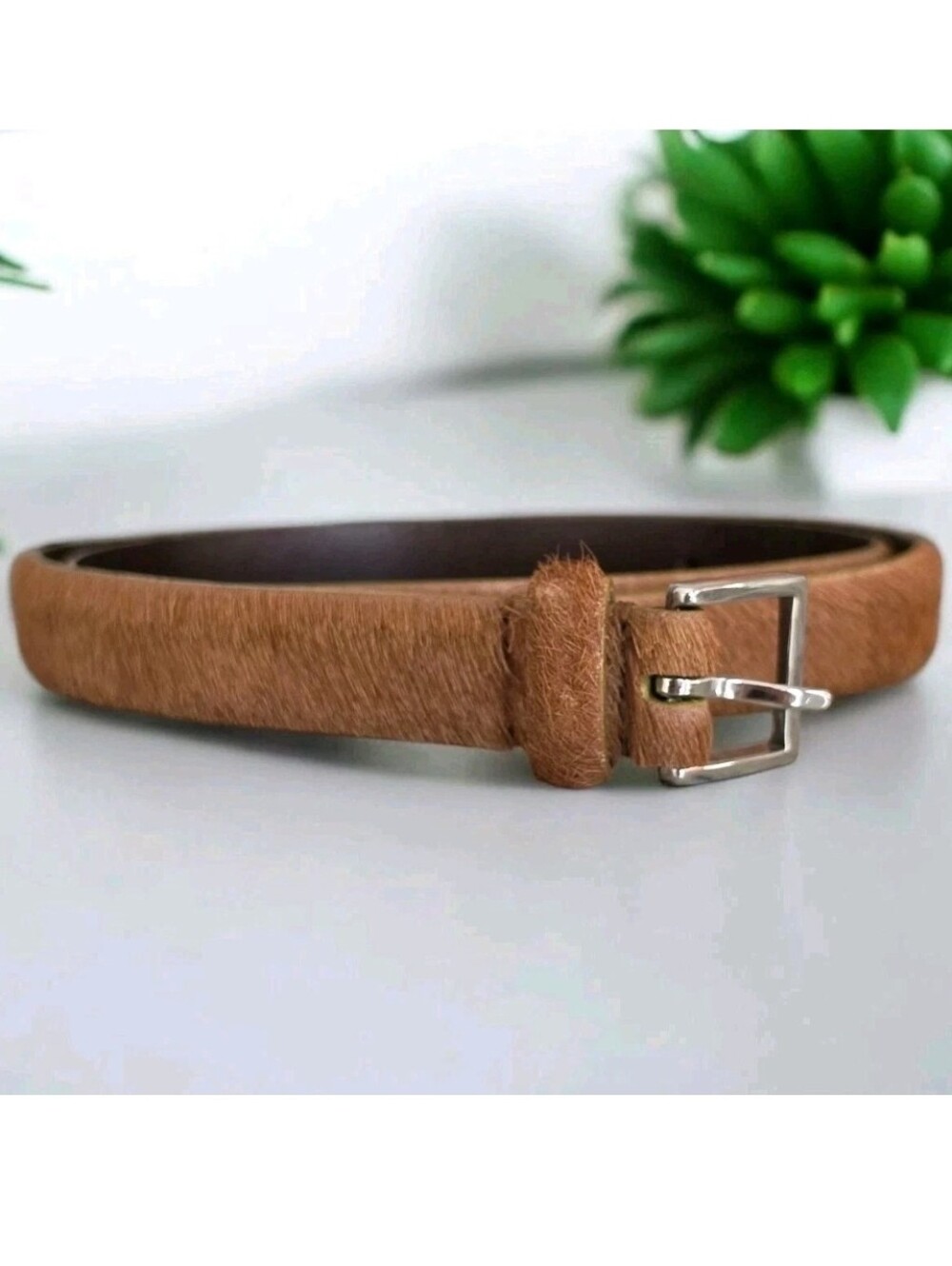 Vintage Coach Brown Genuine Haircalf Skinny Belt Solid Brass Handcrafted Italy M